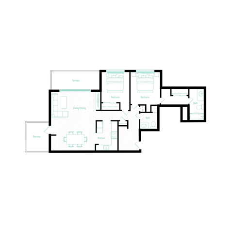 Floor plan for 2 beds, 2 baths, 1275 sqft